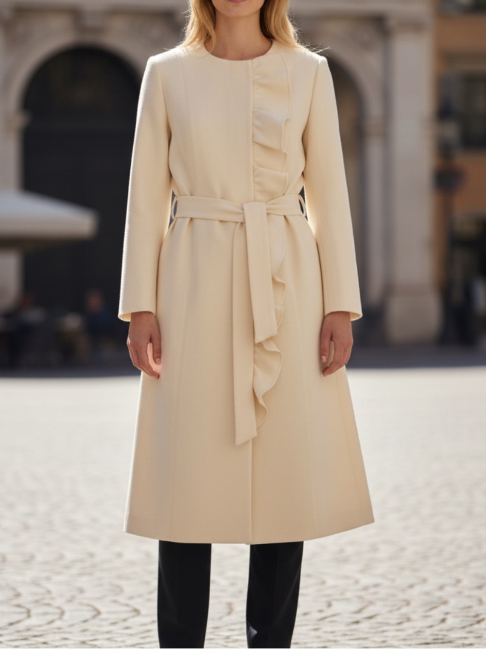 Lafayette 148 Cream Ruffle Front Belted Wool Coat